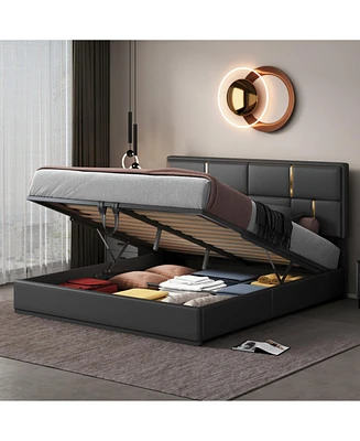 Queen Size Upholstered Platform Bed with Hydraulic Storage System,No Box Spring Needed,Black