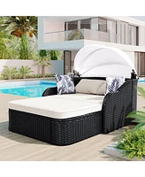 79,9" Outdoor Sunbed, Adjustable Canopy, Double Lounge, Black Wicker