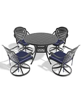 5-pc Cast Aluminum Dining Set, 4 Swivel Chairs, 39" Round Table, Black Frame