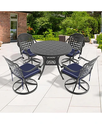 5-pc Cast Aluminum Dining Set, 4 Swivel Chairs, 39" Round Table, Black Frame