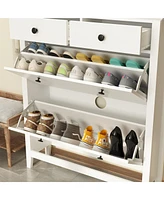 White 4-door shoe cabinet with two adjustable drawers,wooden shoe rack with leg