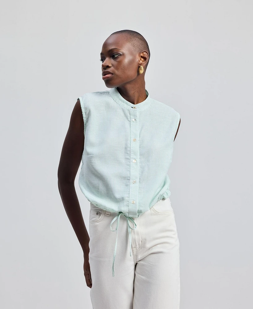 Reistor Women's Button-down Shirt with Waist Drawstring Stripes