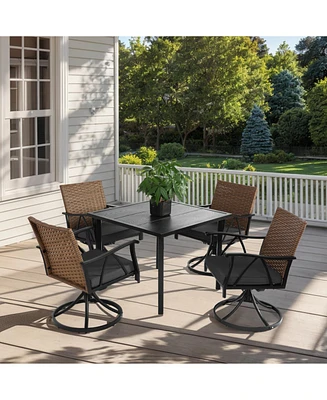 5pc Patio Dining Set, Wicker, Swivel Chairs, Steel Table, Cushions