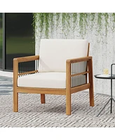 Acacia/Wicker Outdoor Club Chair, Deep Seating, Beige Cushion