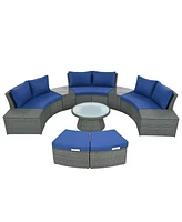 10-Pc Half-Round Rattan Patio Sofa Set, Free Combo, Blue