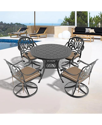 5-pc Cast Aluminum Dining Set, 4 Swivel Chairs, 39" Round Table, Black Frame