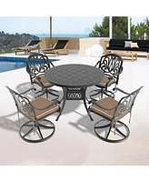 5-pc Cast Aluminum Dining Set, 4 Swivel Chairs, 39" Round Table, Black Frame