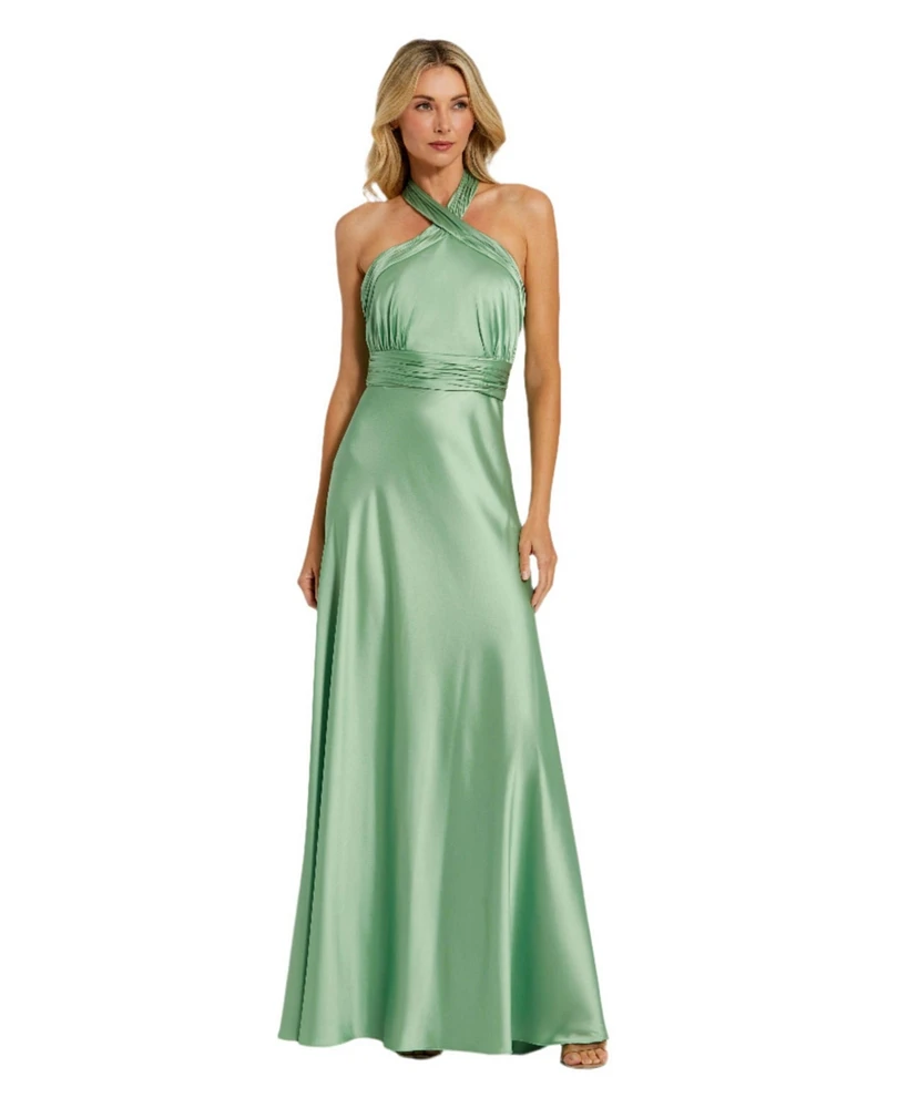 Mac Duggal Women's Ruched Halter Neck Tie Back Satin Gown