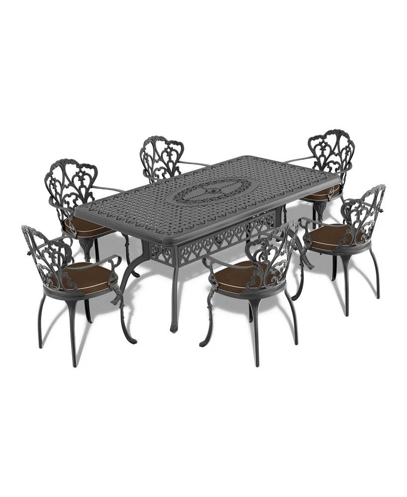 7-Piece Cast Aluminum Patio Set, Black Frame, Random Color Cushions