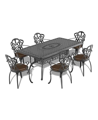 7-Piece Cast Aluminum Patio Set, Black Frame, Random Color Cushions