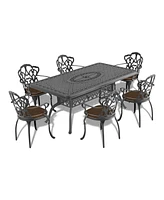 7-Piece Cast Aluminum Patio Set, Black Frame, Random Color Cushions