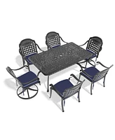 7-Piece Cast Aluminum Dining Set, 2 Swivel, 4 Chairs, Rectangular Table