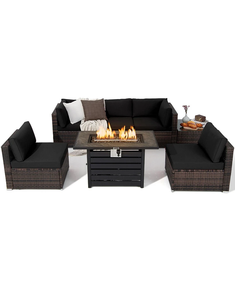 Gymax 7PCS Patio Rattan Furniture Set 42'' Fire Pit Table w/ Cover Cushioned
