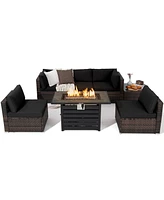 Gymax 7PCS Patio Rattan Furniture Set 42'' Fire Pit Table w/ Cover Cushioned