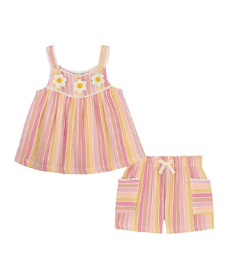Kids Headquarters Baby Girls 2-Piece Multi Stripe Crinkle Knit Top and Shorts Set