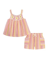 Kids Headquarters Baby Girls 2-Piece Multi Stripe Crinkle Knit Top and Shorts Set