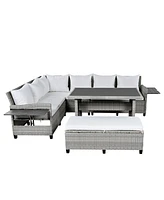 5-Piece Patio Rattan Sofa Set, L-Shape, Extendable Tables, Washable Covers, White