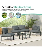 6-Pc Half Moon Patio Sofa Set, Wicker, Glass Tables, Cushions & Pillows - Gray