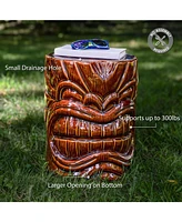 Tropical Tiki Head Ceramic Garden Stool Side Table with Wood-Look Finish - Indoor or Outdoor Use - 17.25-Inch H
