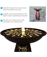 Outdoor Bird Bath Water Fountain with Metal Crosshatch Design - 28.5-Inch - Includes Led Lights