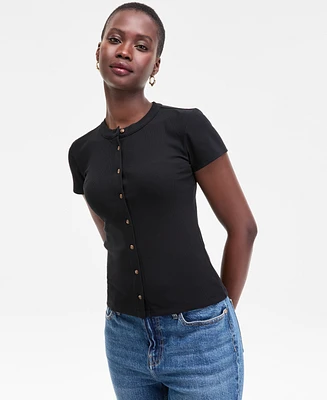 On 34th Women's Rib-Knit Short-Sleeve Button Front Top, Exclusively at Macy's