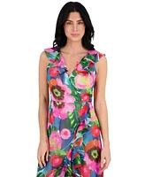 kensie Women's Printed Chiffon Ruffle-Trim Maxi Dress