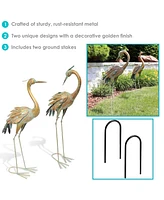 Golden Crane Metal Yard Art, Lawn and Garden Sculpture Decor- Gold with Blue Accent - Includes 2 Statues