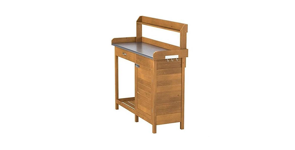 Outdoor Home Garden Potting Bench with Metal Table Top and Storage Cabinet