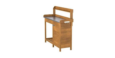 Outdoor Home Garden Potting Bench with Metal Table Top and Storage Cabinet