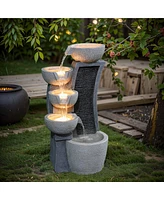 LuxenHome 5-Bowl Multi-Gray Modern Sculpture 26-Inch Tall Resin Fountain with Lights
