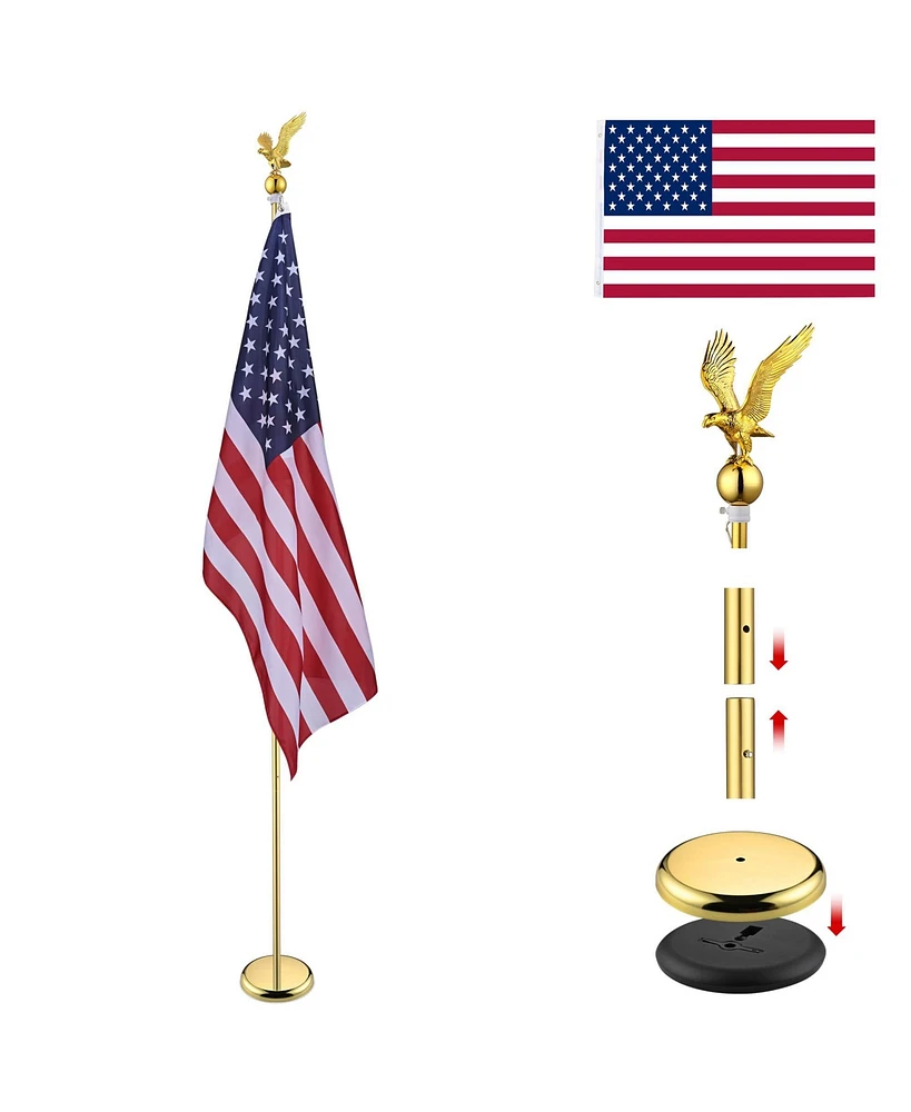 Yescom 8Ft Indoor Flag Pole Kit Eagle Topper Aluminum Gold Pole with Base 3x5Ft Us Flag for Office School City Hall