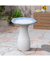 LuxenHome Blue Rim Feather-Pattern White Ribbed 20-Inch Tall Ceramic Birdbath