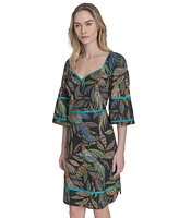 Vince Camuto Women's Cotton Leaf-Print Piped-Trim Dress