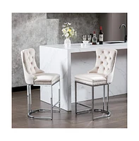 Set of 2 Counter Height Bar Stools Modern Velvet Barstools with Button Back Rivet Trim and Sturdy Chromed Metal Base for Kitchen Island-The Pop Home
