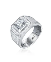 Bling Jewelry 2CTW Clear Cz Statement Halo Square Princess Cut Solitaire Promise Ring with Wide Micro Pave Band Silver Plated