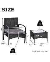 Gymax 3 Pcs Patio Wicker Rattan Furniture Set Coffee Table & 2 Rattan Chair W/Cushion