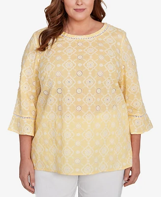 Alfred Dunner Plus Rise and Shine Embroidered Floral Eyelet Bell Sleeve Top
