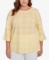 Alfred Dunner Plus Rise and Shine Embroidered Floral Eyelet Bell Sleeve Top