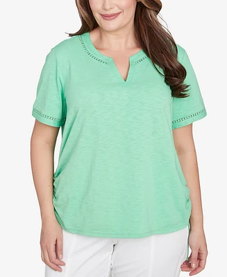 Alfred Dunner Plus Rise and Shine Dot Lace Trimmed Short Sleeve Top