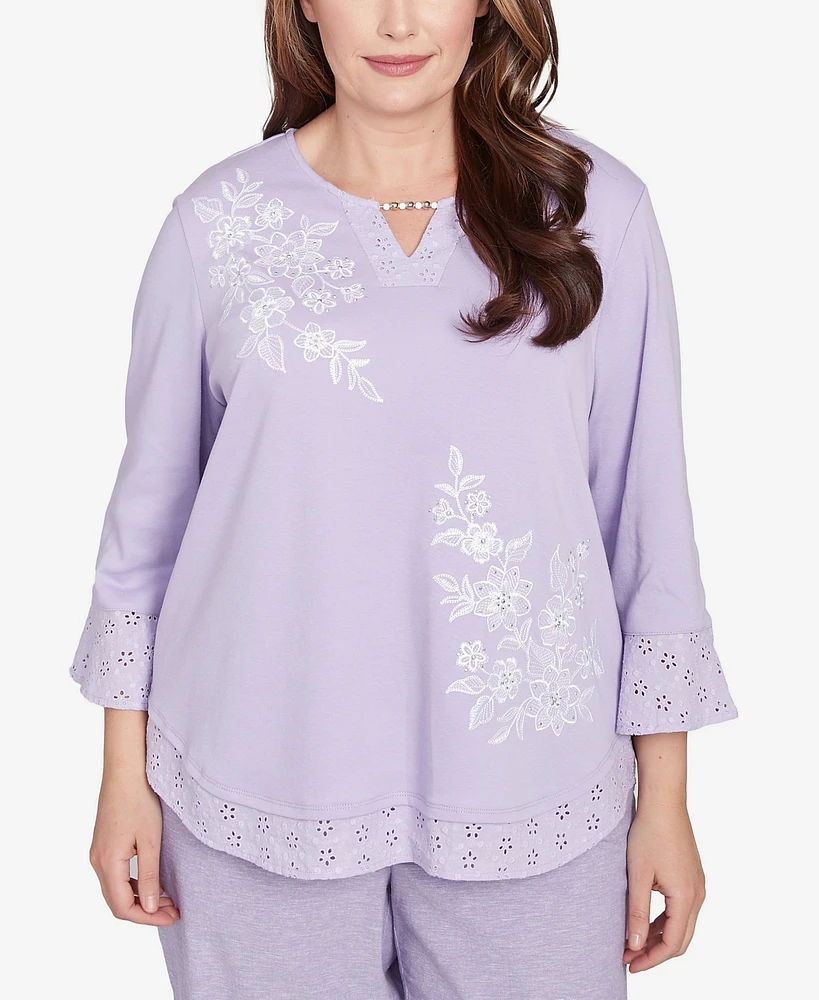 Alfred Dunner Plus Crystal Springs Floral Embroidered Eyelet Sleeve Top