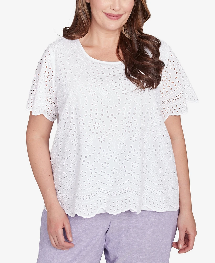 Alfred Dunner Plus Crystal Springs Eyelet Crew Neck Top