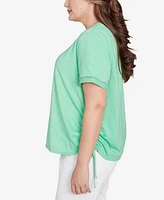 Alfred Dunner Plus Rise and Shine Dot Lace Trimmed Short Sleeve Top