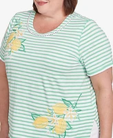Alfred Dunner Plus Rise and Shine Lemon Printed Striped Top