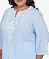 Alfred Dunner Plus St. Thomas Embroidered Sky Blue Top