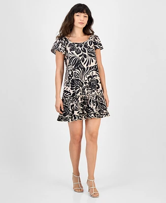 Robbie Bee Petite Printed Flutter-Sleeve Shift Dress