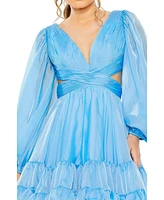 Mac Duggal Women's Long Sleeve Chiffon Cut Out Mini Dress