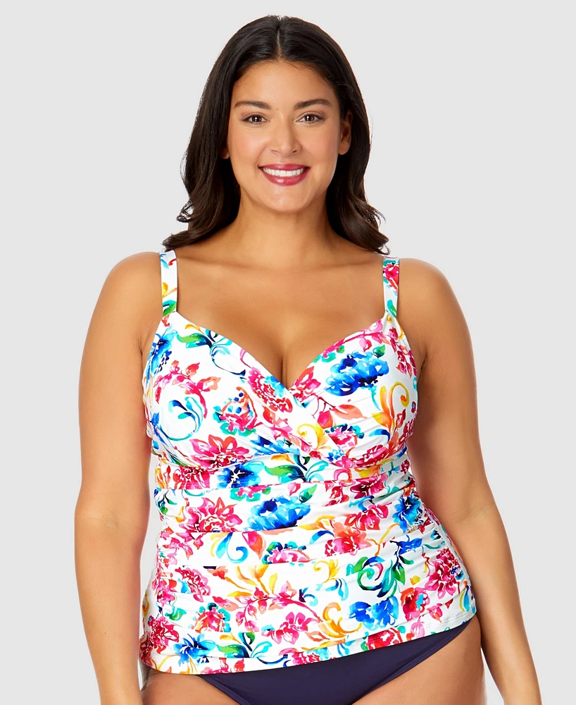 Anne Cole Plus Watercolor Paisley Underwire Surplice Tankini Top