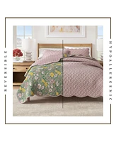 Linery & Co. Cotton Stitched Reversible Floral 3 Piece Scalloped Quilt and Sham Set