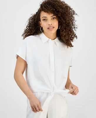 I.n.c. International Concepts Petite Linen-Blend Tie-Hem Short-Sleeve Blouse, Exclusive at Macy's