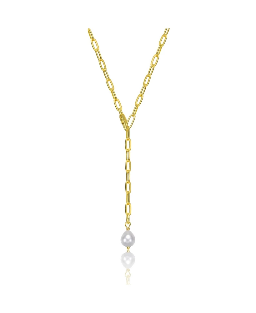 Sterling Silver 14K Gold Plated with White Freshwater Pearl Y-Style Necklace